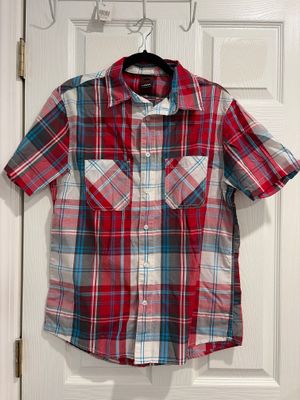 Hawk Red white grey and blue plaid button down shirt sleeve shirt Men's - M