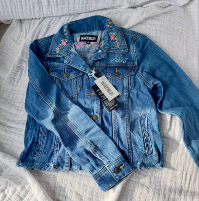 Designer Katie J NYC NWT Newport Embroidered Denim Jacket Size L 10/12 10-12