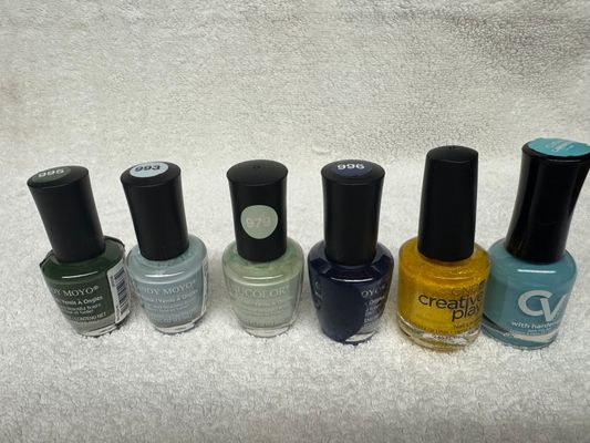 Brand New Nail polishes. Set of 6. Some have spill Some have spills on it from another bottle. All brand New