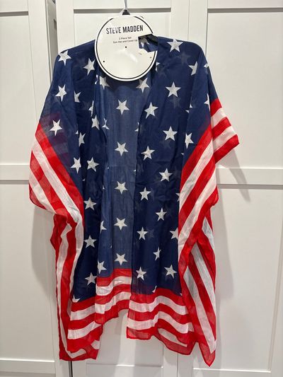 BRAND NEW Steve Madden USA flag cover up Red white and blue shawl, one size fits most