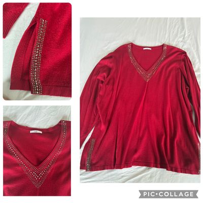 Vila Milano quality sweater of Viscose wool nylon Red sweater w v rhinestone detail on neck & v side hem Women's 2X