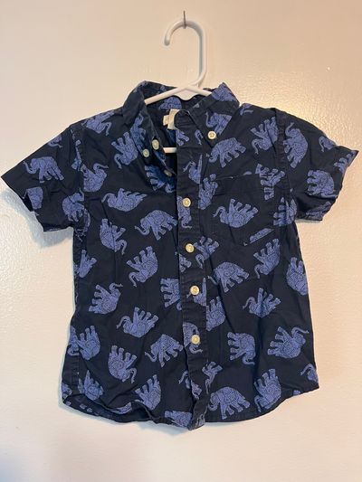 Crewcuts Blue Collared Buttoned Shirt w Indian Elephant Print 2T