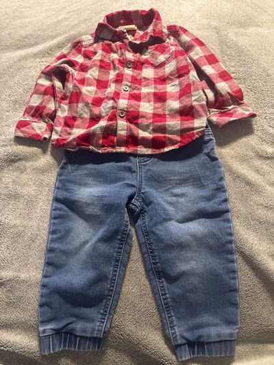 First Impressions Fall outfit plaid shirt with jeans 18m 18 Months