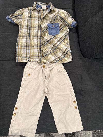 Gap kids Off white linen pants w/short sleeveplaid button down with pocket 3T