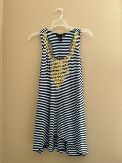Rain Blue/White Striped Tank Yellow Embroidery Women's - L