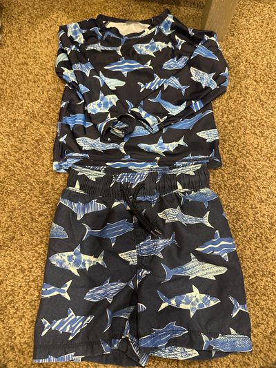 Old Navy swimsuit with matching rash guard Long sleeve rash guard blue with sharks 18-24 Months
