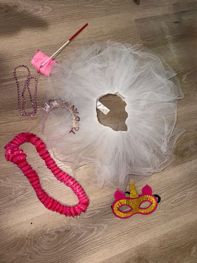 Pink ribbon dancer, beaded necklace, Hawaiian neck Pink happy birthday headband, white tutu, unicorn face mask