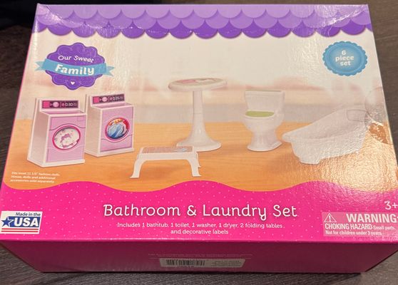 Brand new our sweet family, bathroom and laundry 6 piece Set fits 11 inch dolls