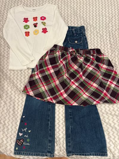 Gymboree 3 piece matching set- jeans, plaid skirt, long sleeve shirt 6T/6