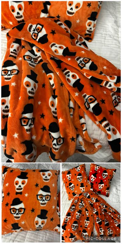 Like NewCasaba 3pc set orange w skulls Halloween Halloween design  2 pillows 21x18 and large plush throw Blanket