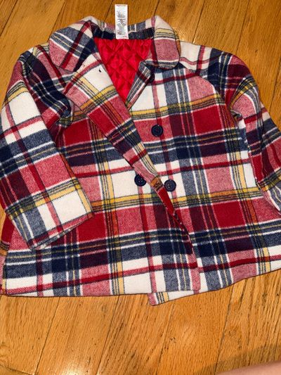 Little me Red yellow and blue plaid pea coat 24 Months