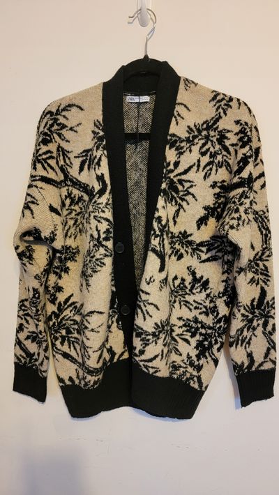 Zara Jacquard pattern knit cardigan sweater botanical foliage Women's - M