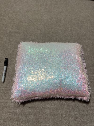 NA Sparkle pillow. Pink furry on back. Pen for size ref