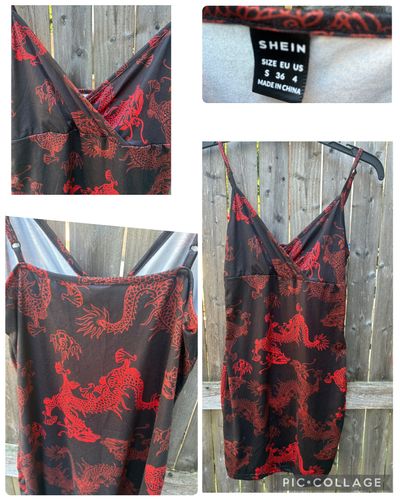 SHEIN red dragon print spaghetti strap dress Cross over chest w spaghetti straps Junior S - 2