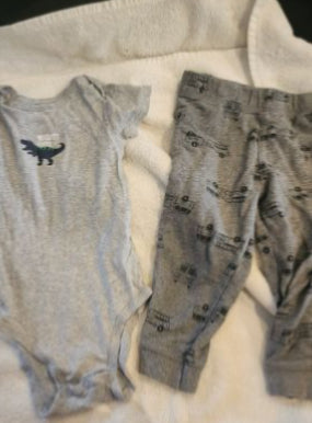 Carter 2-piece outfit set  a grey dinosaur bodysuit and pant. Fire truck 24 Months