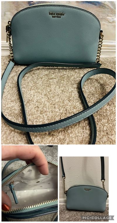 DESIGNER Kate Spade crossbody strap w chain detail Lt blue pristine in/out zipper closure retail $320