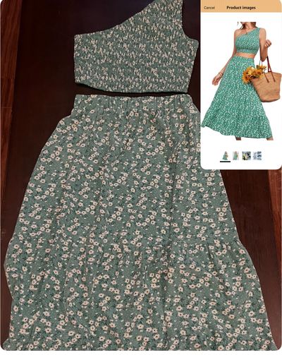 AOVDE 2 piece summer boho dress, one shoulder top, elastic waist, midi Women's - S