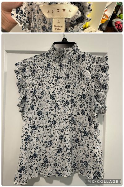 Adiva Lightweight summer top, white with blue print, not sheer Women's - L