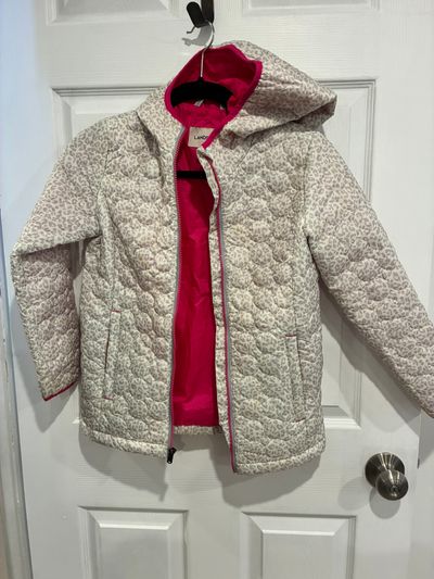 Land's End Coat white leopard print water resistant coat size 7/8 small 7-8