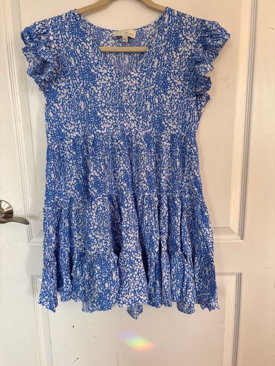Pinch blue and white print tiered mini dress  Junior L - 10