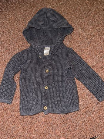 Carter's blue/grey button up sweater with bear ear hood 9 Months