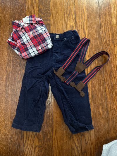 Little Me Holiday Outfit Red and blue plaid with corduroy pants and suspenders 18 Months