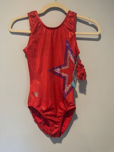 Snowflake Designs adult small chest 30-33 inches NEW ret:69.99leotard sparkly red with blue silver star, scrunchie 10-12