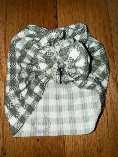 Bunny Knots Newborn size sage green and white checkered raga baby hat Infant (0-2 yrs)