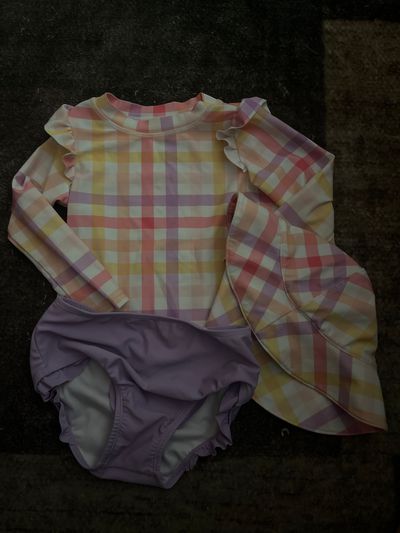 First impressions bathing suit set size 18m Long sleeve top, purple bottom and matching swim hat 18 Months
