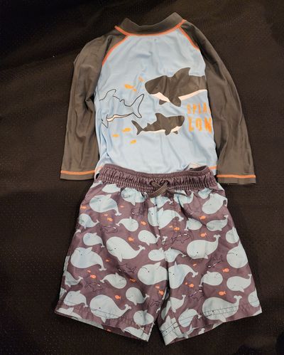 Simple Joy carter swimsuit set includes a rashguard  shark graphics and trunk 3T