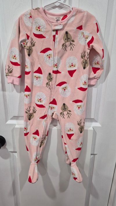 carters LS fleece zip up footed pj pink santa 18-24 Months