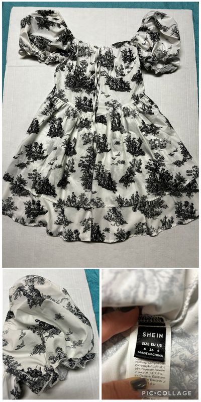 SHEIN white ruffle dress w black toile print Ruffle sleeve can be worn on or off the shoulder Junior S - 2