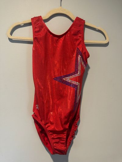 Snowflake Designs adult xsmall chest 28-31 inches NEW no tags ret:69.99leotard sparkly red with blue silver star 10-12