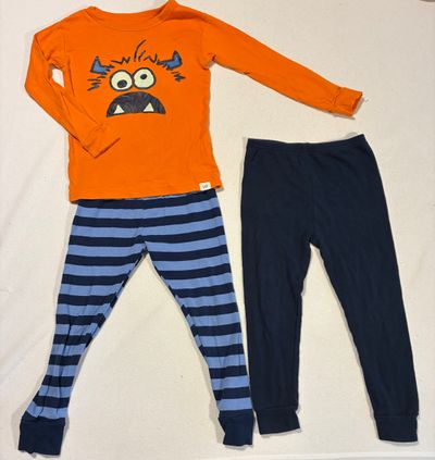 Various Brands, Gap, Simple Joys and Carters Size 4T monster long sleeve shirt, size 3T stripped pant, 3T blue 3T