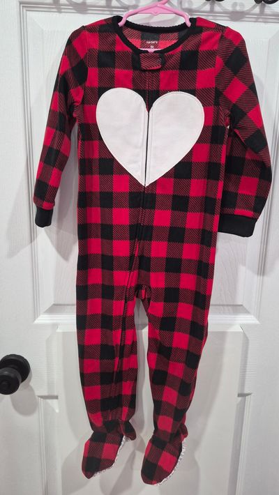 Carters fleece footed red check heart PJ 3T