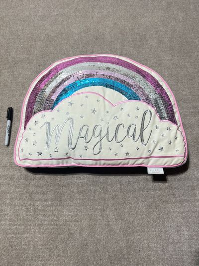 Nicole Miller for Kids Large Rainbow sparkle pillow. Pink on back. Pen for size ref