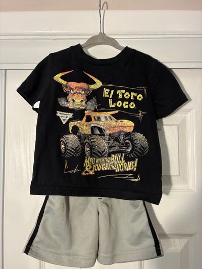 Monster jam El Toro Loco, short sleeve shirt and short set, well loved 2T
