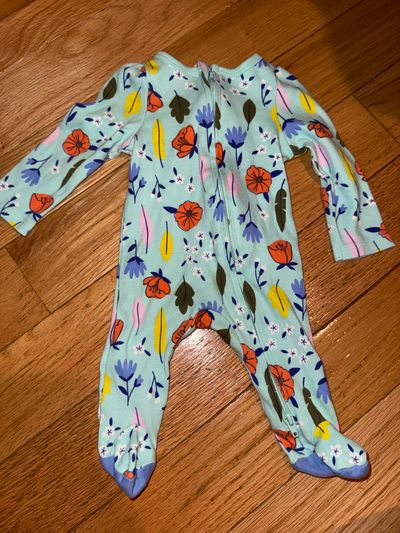Cat and Jack Mint green zip up footie with flowers Newborn