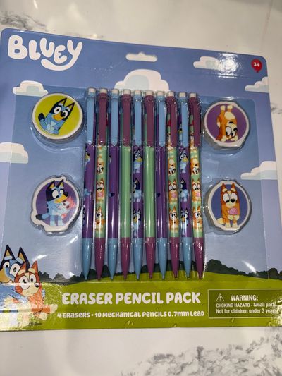 Bluey NEW Pencil and eraser pack Comes with 10 mechanical pencils and 4 pencil top erasers