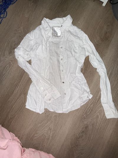 Justice - size 12 Long sleeve silver striped white shirt with rhinestone buttons 10-12