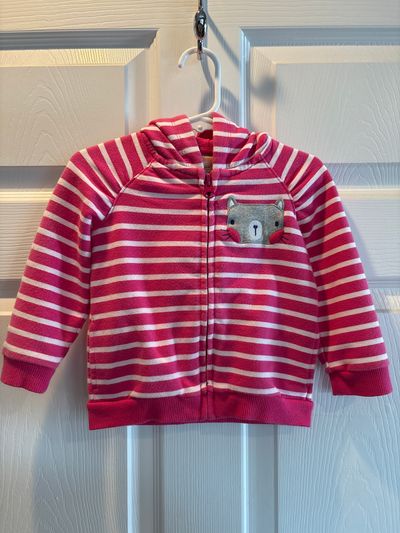 Gymboree Pink/white striped hoodie with gray cat face 12-24 Months