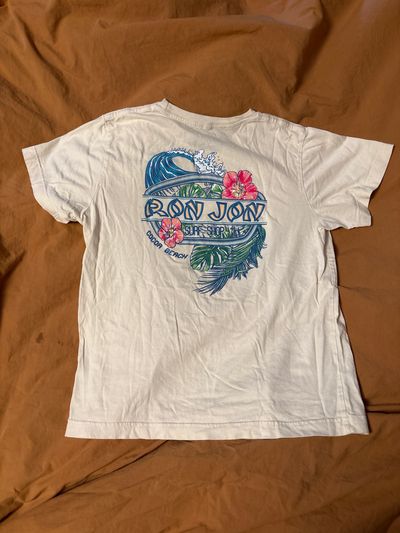 Ron Jon surf shop 5 Beige t shirt same logo on left front chest 14-16