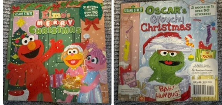 Sesame Street- 2 Books in 1 Elmos Merry Xmas & Oscars Grouchy Xmas w/ Stickers