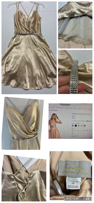 CINDY collection gold satin fit & flare w pockets worn 1x Retail$160 dress Sparkle belt adjustable back w/insert Junior S - 2