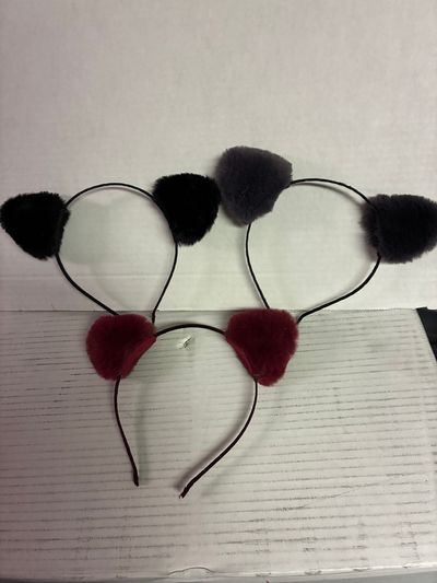 NEW Set of 3 plush animal ear headbands Black burgundy and grey w satin headband