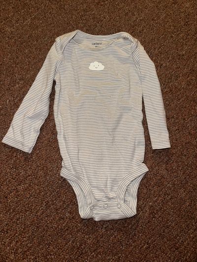 Carter's gray and white striped cloud long sleeve onesie 9 Months