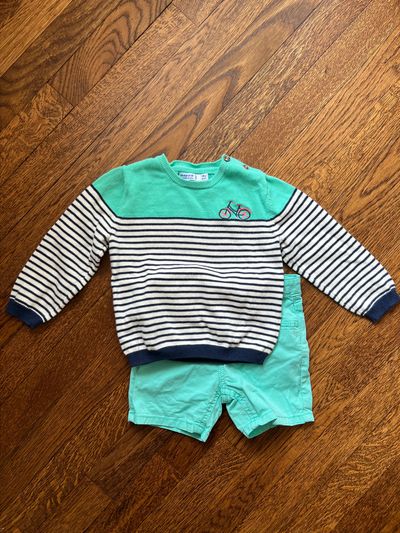 Mayoral set Teal shorts with blue white stripe sweater w embroidered bike 18 Months