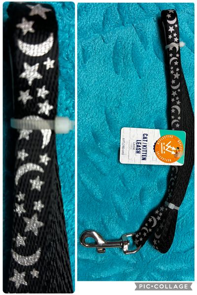 NEW! 6ft reflective cat or kitten leash NEW Black w reflective stars and moons