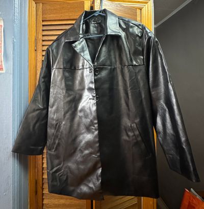 pleather jacket black long button collared Women's - S