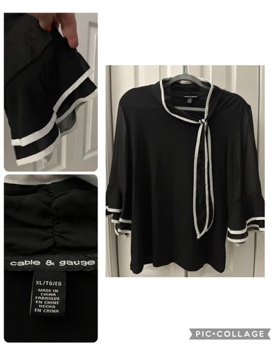 Cable& Guage top Black w tie neck & white piping detail Women's - XL